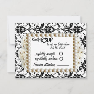 Chic Black $ White Damask Pearl Wedding RSVP Kaartje