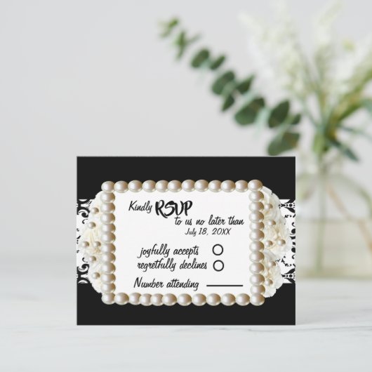 Chic Black $ White Damask Pearl Wedding RSVP Kaartje (Staand voorkant)