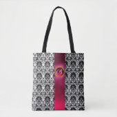 CHIC BLACK WHITE DAMASK, PINK FUCHSIA GEM MONOGRAM TOTE BAG (Voorkant)
