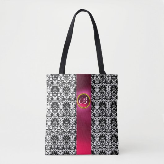 CHIC BLACK WHITE DAMASK, PINK FUCHSIA GEM MONOGRAM TOTE BAG (Voorkant)