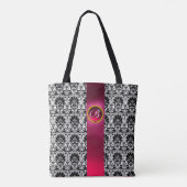 CHIC BLACK WHITE DAMASK, PINK FUCHSIA GEM MONOGRAM TOTE BAG (Achterkant)