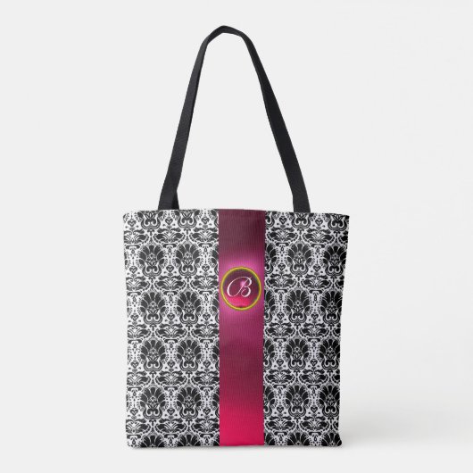 CHIC BLACK WHITE DAMASK, PINK FUCHSIA GEM MONOGRAM TOTE BAG (Achterkant)