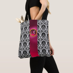 CHIC BLACK WHITE DAMASK, PINK FUCHSIA GEM MONOGRAM TOTE BAG