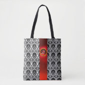 CHIC BLACK WHITE DAMASK RED RUBY GEMSTONE MONOGRAM TOTE BAG (Voorkant)