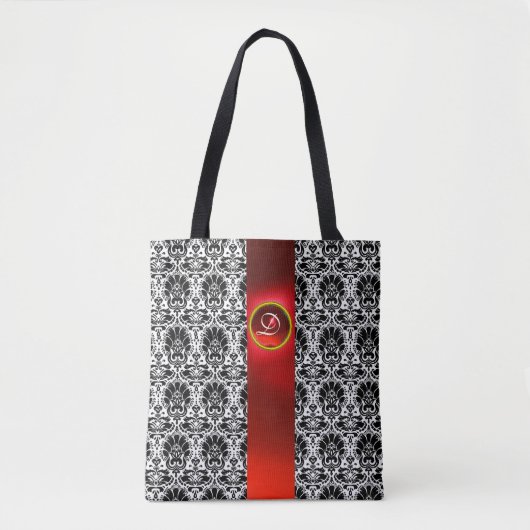 CHIC BLACK WHITE DAMASK RED RUBY GEMSTONE MONOGRAM TOTE BAG (Voorkant)
