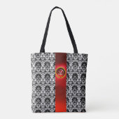CHIC BLACK WHITE DAMASK RED RUBY GEMSTONE MONOGRAM TOTE BAG (Achterkant)