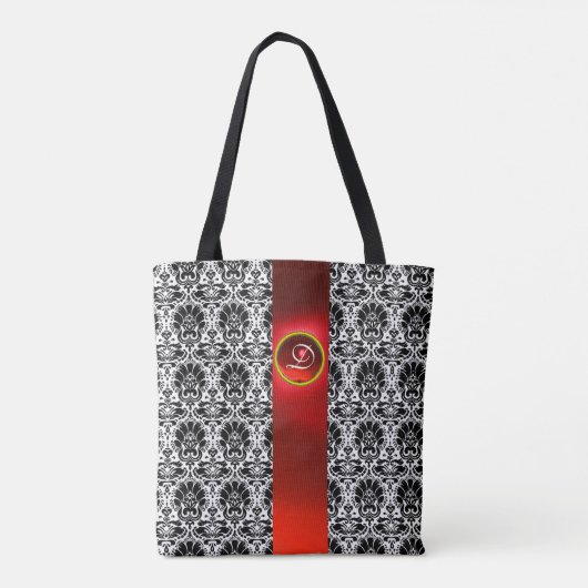 CHIC BLACK WHITE DAMASK RED RUBY GEMSTONE MONOGRAM TOTE BAG (Achterkant)