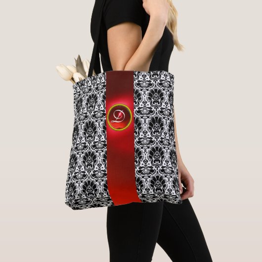 CHIC BLACK WHITE DAMASK RED RUBY GEMSTONE MONOGRAM TOTE BAG (Dichtbij)