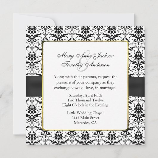 Chic Black & White Damask Wedding Invitation Kaart (Voorkant)