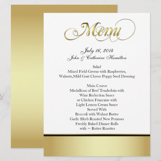 Chic Black, White en Gold Custom Wedding Menu (Voorkant / Achterkant)
