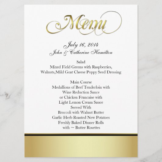 Chic Black, White en Gold Custom Wedding Menu (Voorkant)