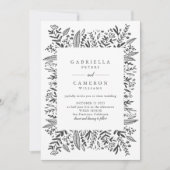 Chic Black White Floral Line Art Drawing Wedding Kaart (Voorkant)