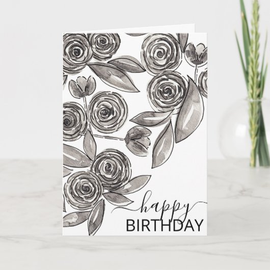 Chic Black White Floral Waterverf Happy Birthday Kaart (Voorkant)