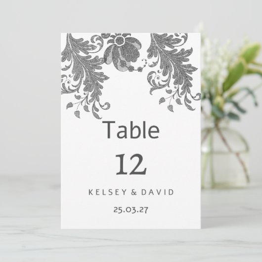 Chic black white glitter floral lace Table Numbers Kaart (Staand voorkant)