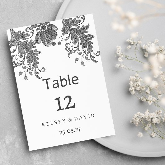 Chic black white glitter floral lace Table Numbers Kaart