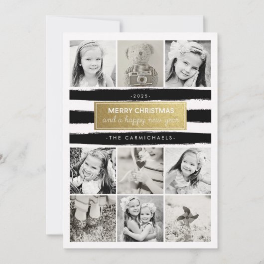 Chic Black White Gold Photo Collage Vakantie Card Feestdagenkaart (Voorkant)