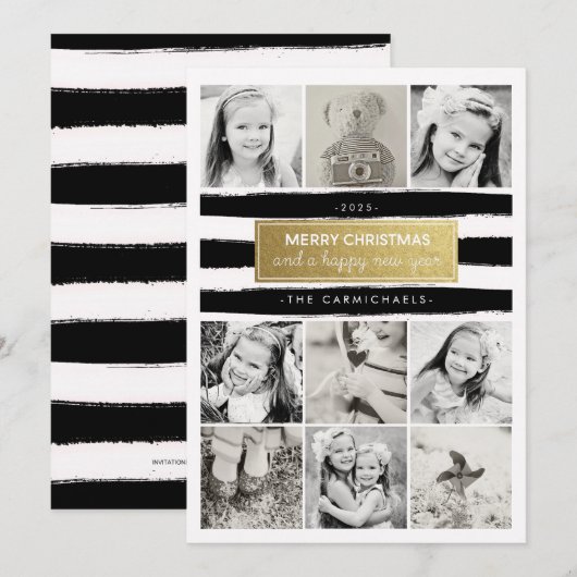 Chic Black White Gold Photo Collage Vakantie Card Feestdagenkaart (Voorkant / Achterkant)