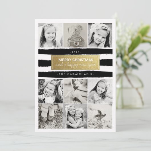 Chic Black White Gold Photo Collage Vakantie Card Feestdagenkaart (Staand voorkant)