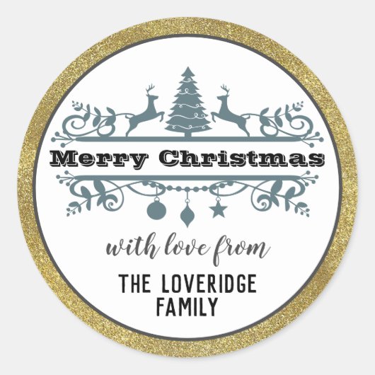 Chic Black White Grey Merry Kerstmis Glitter Ronde Sticker (Voorkant)