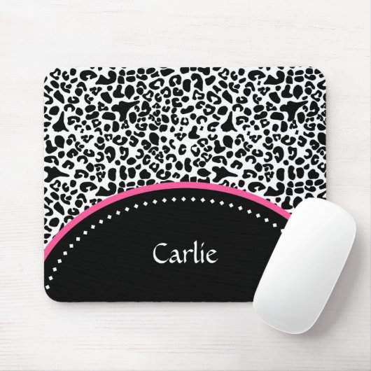 Chic Black White Leopard Print Pink Accent Name Muismat (Met muis)