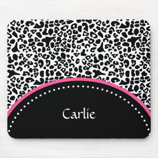 Chic Black White Leopard Print Pink Accent Name Muismat (Voorkant)