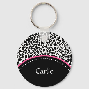 Chic Black White Leopard Print Pink Accent Name Sleutelhanger