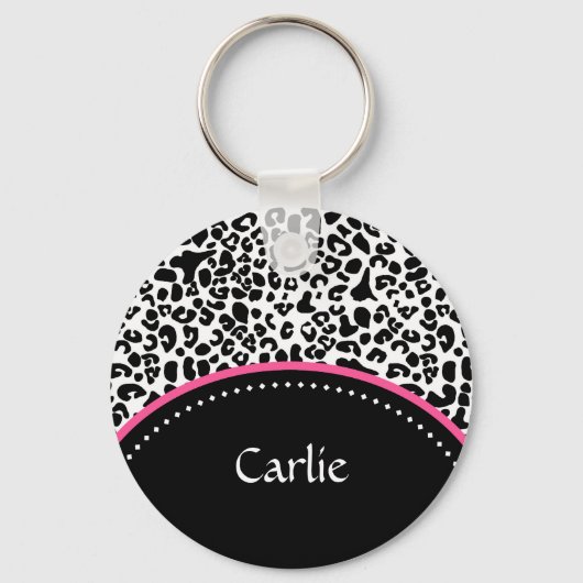 Chic Black White Leopard Print Pink Accent Name Sleutelhanger (Voorkant)