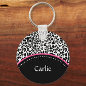 Chic Black White Leopard Print Pink Accent Name Sleutelhanger (Voorkant)
