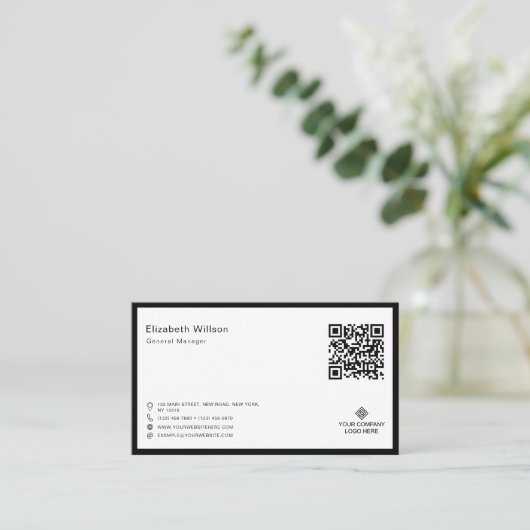 Chic Black & White Lijst Business Logo QR Code Visitekaartje (Staand voorkant)