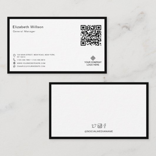 Chic Black & White Lijst Business Logo QR Code Visitekaartje (Voorkant / Achterkant)