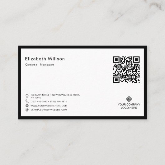 Chic Black & White Lijst Business Logo QR Code Visitekaartje (Voorkant)