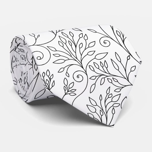 Chic Black White Line Art Vines Floral Pattern Stropdas (Opgerold)