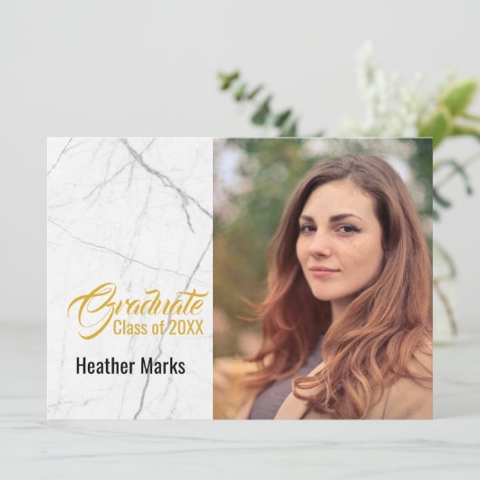 Chic Black White Marble Gold Photo Afstuderen Kaart (Staand voorkant)