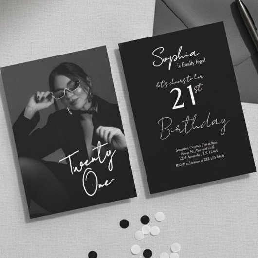 Chic Black & White Modern21st Photo Birthday Kaart
