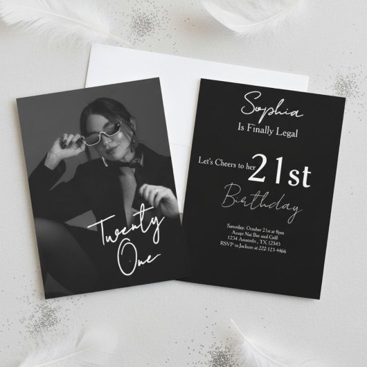 Chic Black & White Modern21st Photo Birthday Kaart