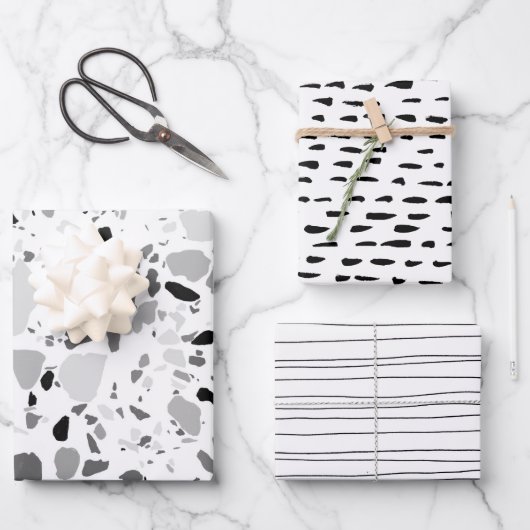 Chic Black & White Modern Pattern Terrazzo Inky Inpakpapier Vel (Voorkant)