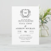 ChIc Black White Monogram Crest Wedding Invitation Kaart (Staand voorkant)
