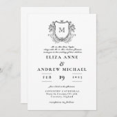 ChIc Black White Monogram Crest Wedding Invitation Kaart (Voorkant / Achterkant)