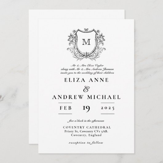 ChIc Black White Monogram Crest Wedding Invitation Kaart (Voorkant / Achterkant)