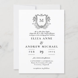 ChIc Black White Monogram Crest Wedding Invitation Kaart