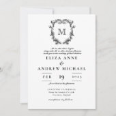 ChIc Black White Monogram Crest Wedding Invitation Kaart (Voorkant)