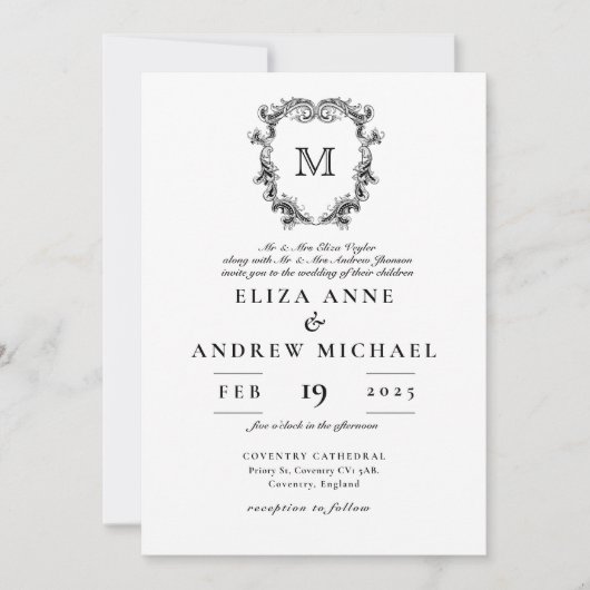ChIc Black White Monogram Crest Wedding Invitation Kaart (Voorkant)
