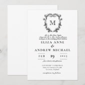 ChIc Black White Monogram Crest Wedding Invitation Kaart (Voorkant / Achterkant)