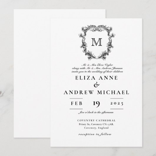 ChIc Black White Monogram Crest Wedding Invitation Kaart (Voorkant / Achterkant)