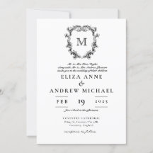 ChIc Black White Monogram Crest Wedding Invitation