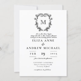 ChIc Black White Monogram Crest Wedding Invitation Kaart