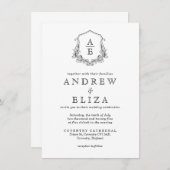 ChIc Black White Monogram Crest Wedding Invitation Kaart (Voorkant / Achterkant)