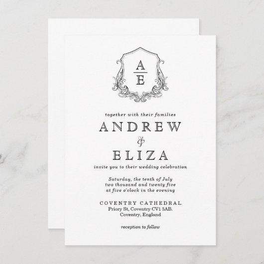 ChIc Black White Monogram Crest Wedding Invitation Kaart (Voorkant / Achterkant)
