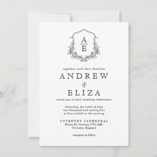 ChIc Black White Monogram Crest Wedding Invitation Kaart (Voorkant)