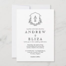 ChIc Black White Monogram Crest Wedding Invitation Kaart
